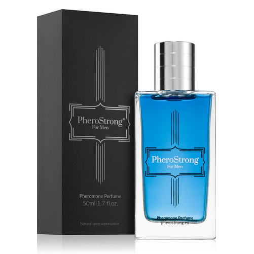 Blue PheroStrong perfume bottle with black packaging on a white background