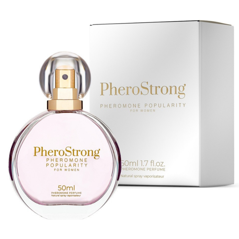PheroStrong pheromone popularity perfume bottle and packaging on a white background