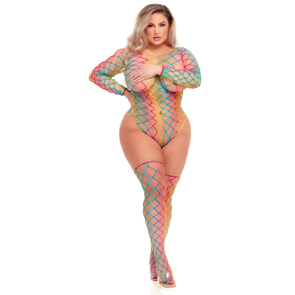 Woman wearing a colorful bodysuit on a white background