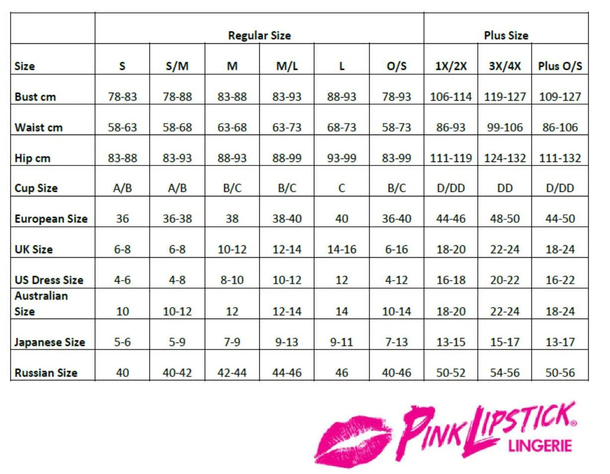 Size chart for clothing with measurements in centimeters and various measurement systems, branded with Pink Lipstick Lingerie.