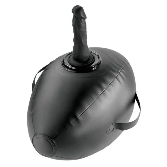Black inflatable seat with dildo and handle on a white background