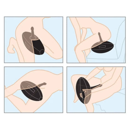 Illustrations showing a female having sex and masturbating with a black inflatable dildo sex cushion.