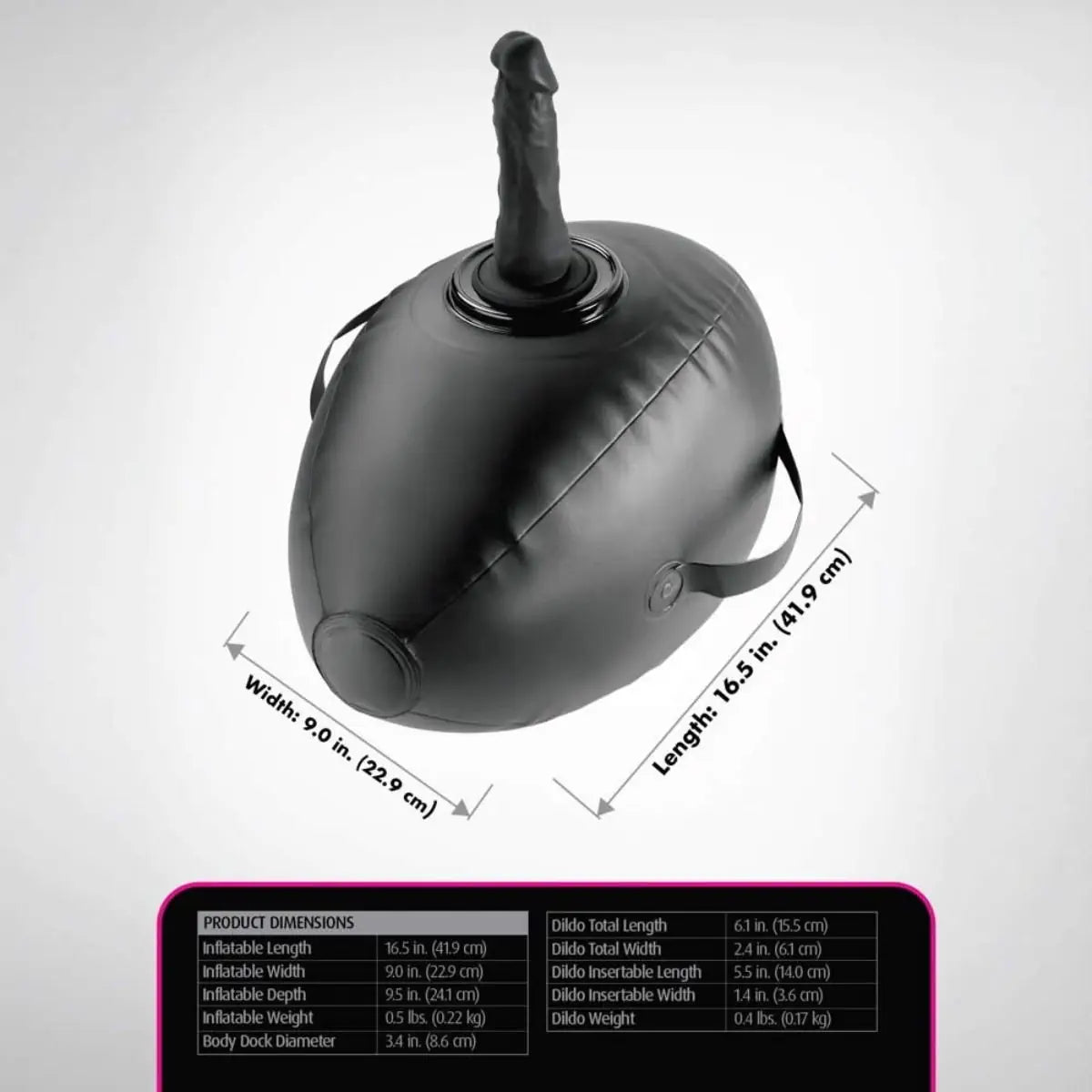 Black inflatable sex cushion product with dimensions labeled on a white background