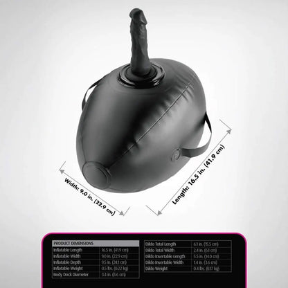 Black inflatable sex cushion product with dimensions labeled on a white background