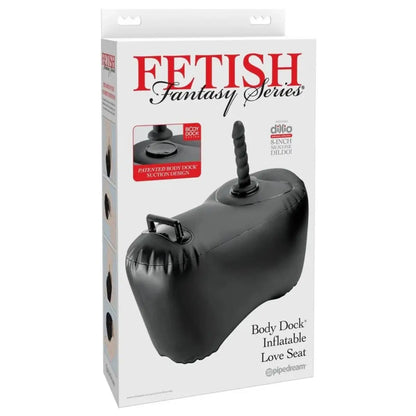 Package of Fetish Fantasy Series inflatable love seat with black inflatable object on white background