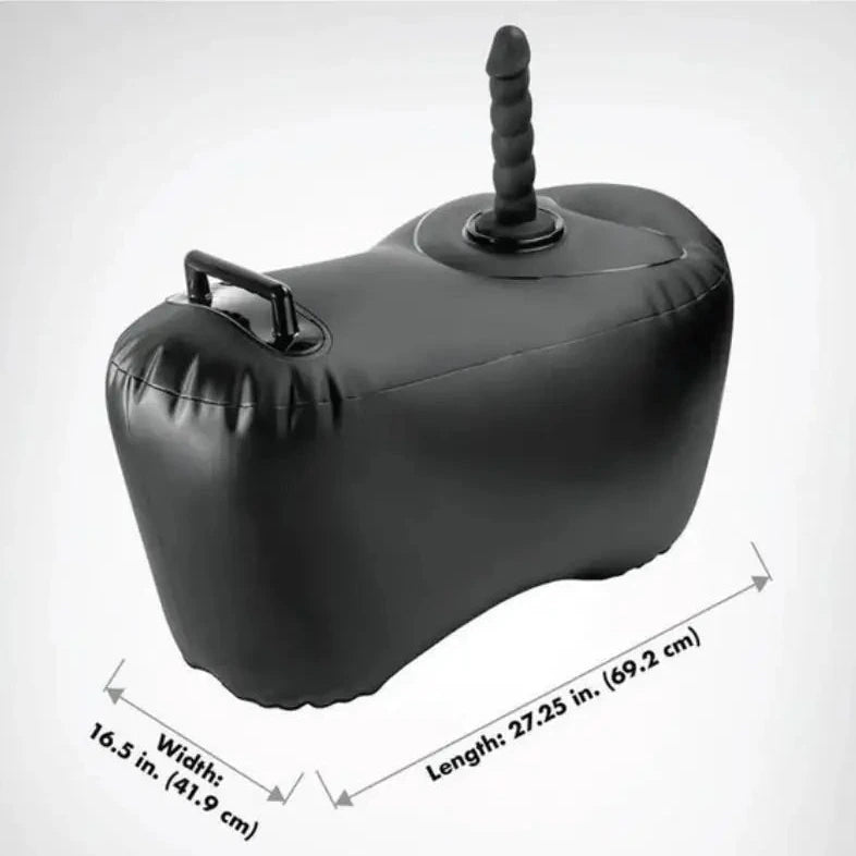 Black inflatable sex cushion with dildo and handle on a white background