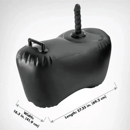 Black inflatable sex cushion with dildo and handle on a white background