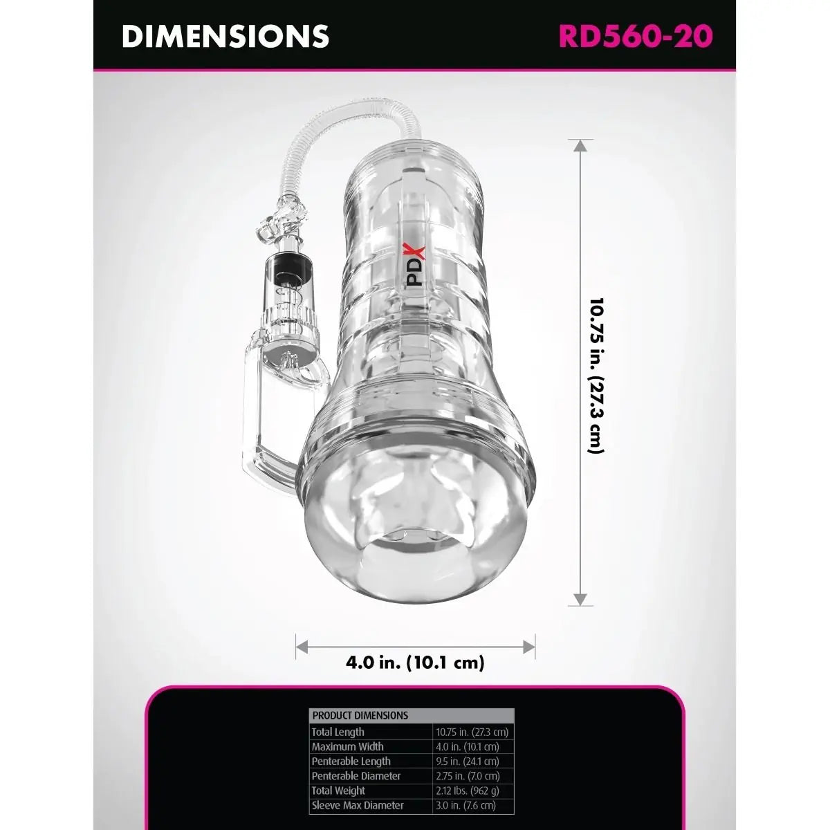 PXD fleshlight masturbator with dimensions labeled on a white background