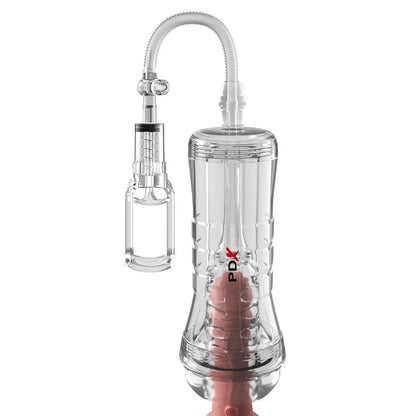 Clear masturbator pump device on a white background