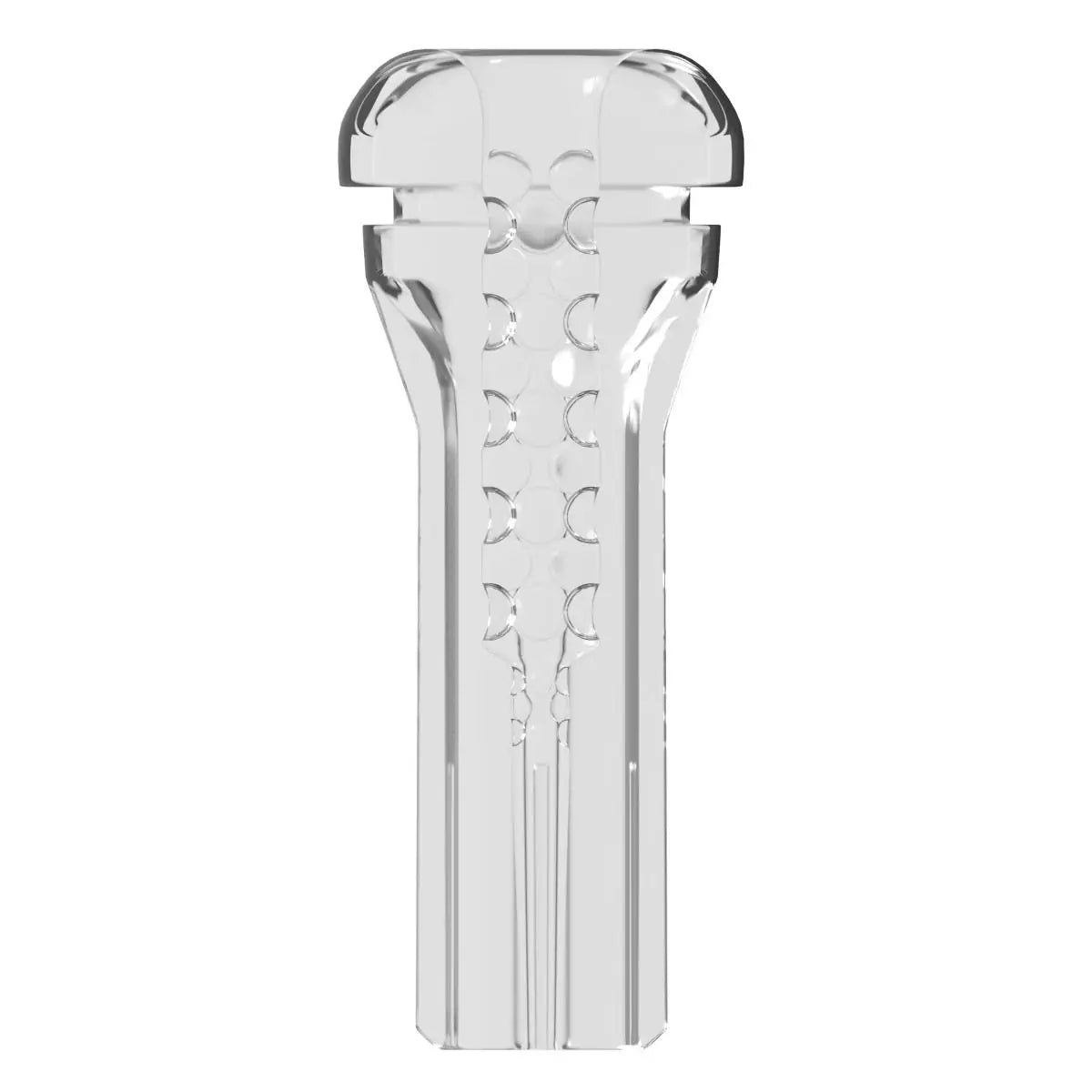 Clear male stroker with intricate designs on a white background