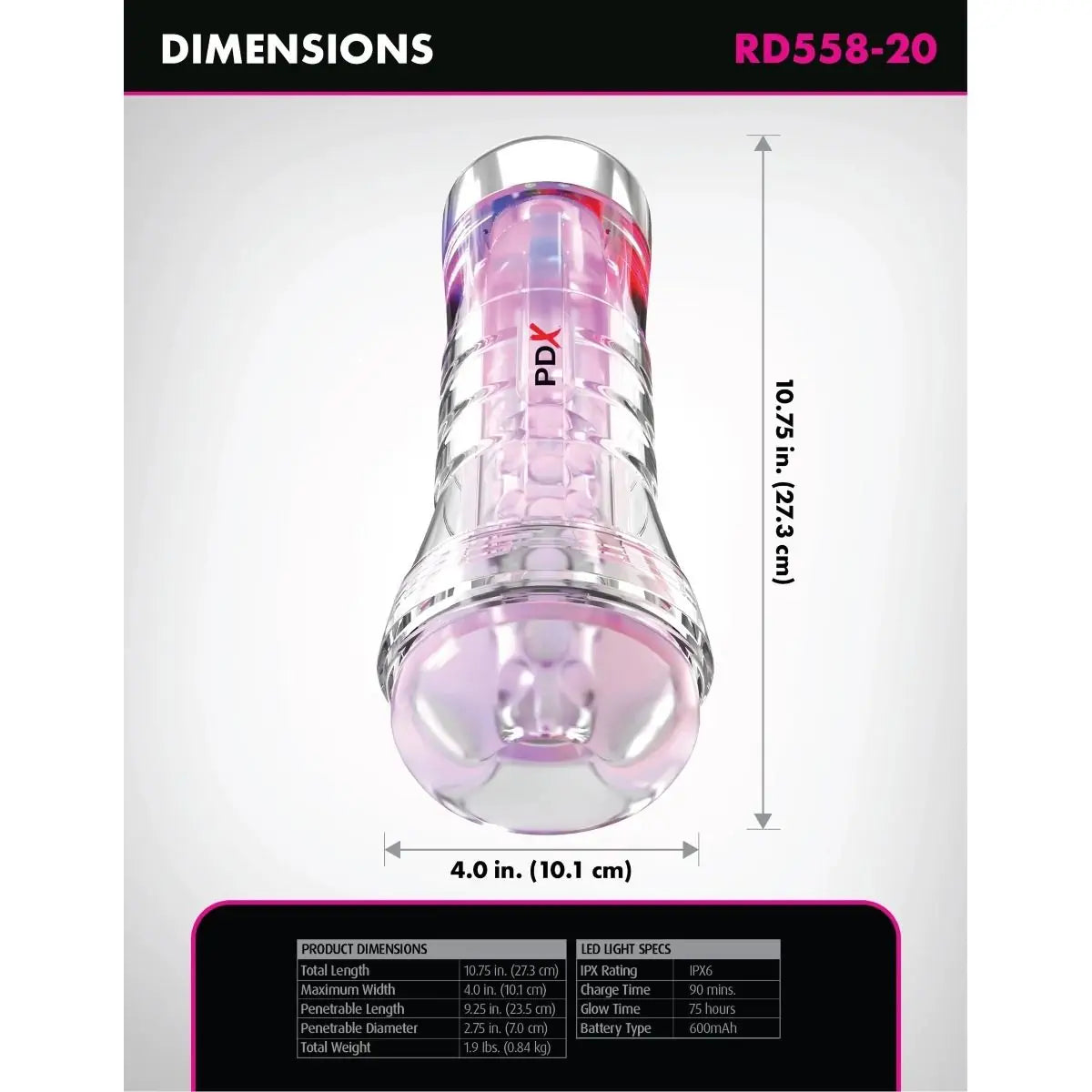 Product dimensions label with a clear and pink LED light bulb labeled 'PDX' on a white background.