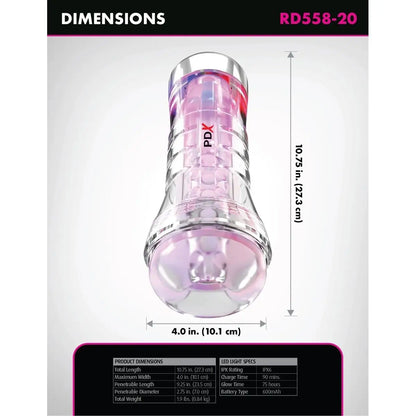 Product dimensions label with a clear and pink LED light bulb labeled 'PDX' on a white background.