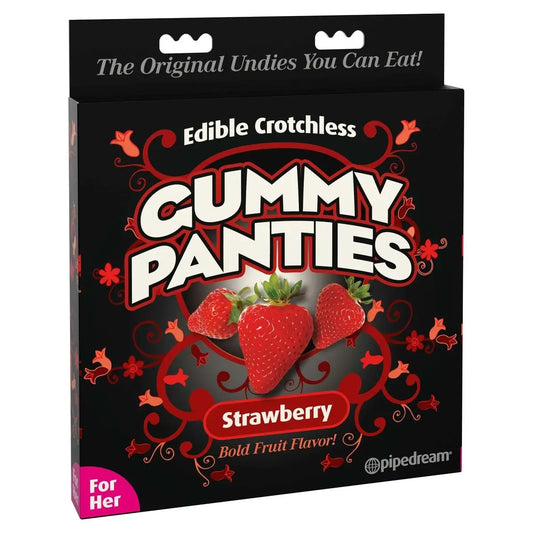 Pipedream Bachelorette Party Edible Crotchless Gummy Panties Strawberry Novelty Gift packaging on a white background