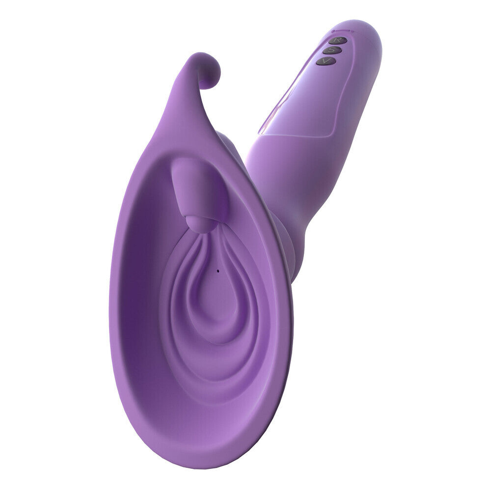 Purple silicone clitoral massager with a unique design on a white background