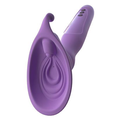 Purple silicone clitoral massager with a unique design on a white background