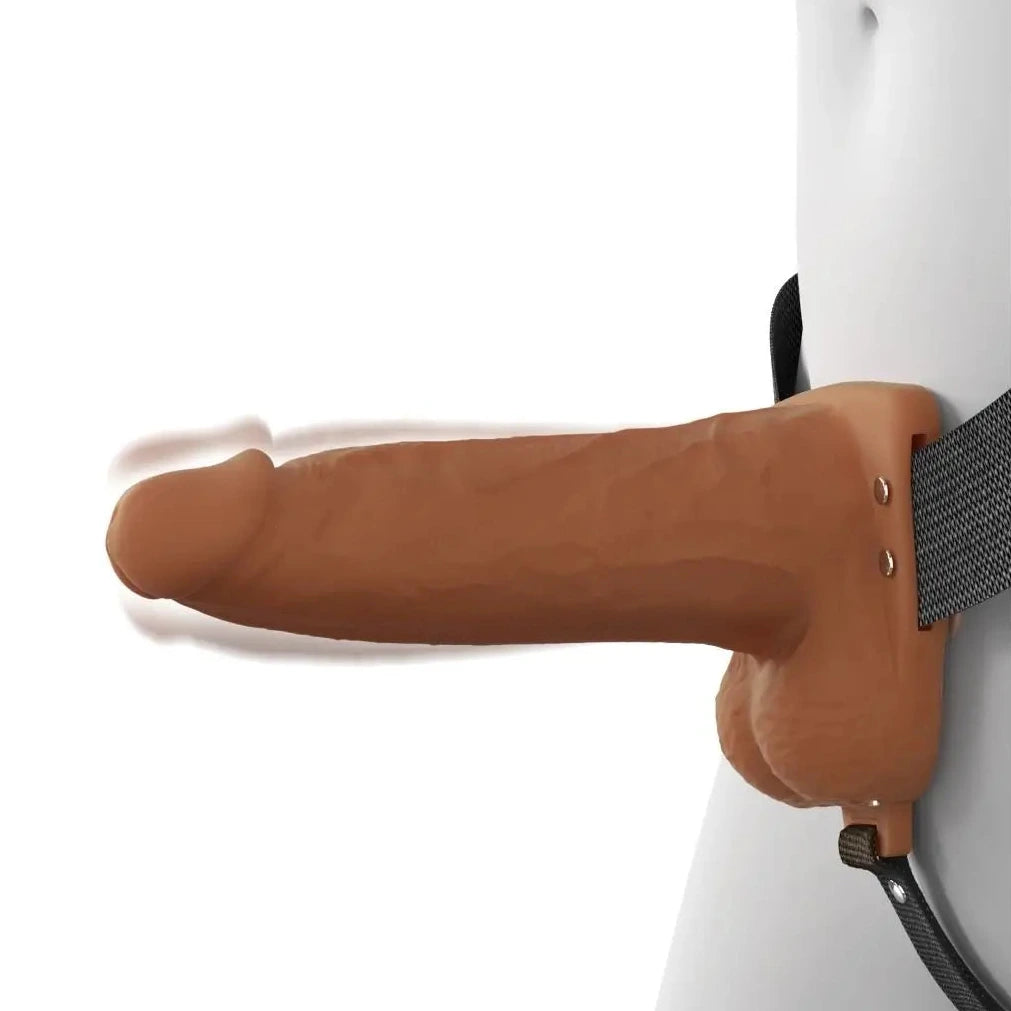 Pipedream Fantasy X-Tensions Elite Vibrating 6 Inch Dual Density Silicone Hollow Strap-On Dildo Brown on a white background