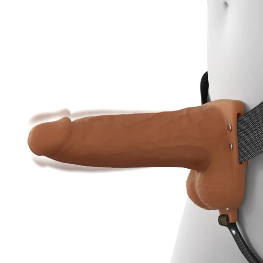 Pipedream Fantasy X-Tensions Elite Vibrating 6 Inch Dual Density Silicone Hollow Strap-On Dildo Brown on a white background