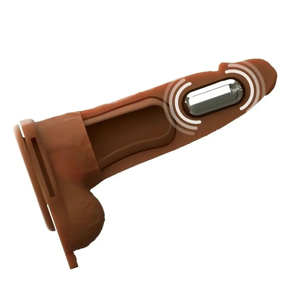 Pipedream Fantasy X-Tensions Elite Vibrating 6 Inch Dual Density Silicone Hollow Strap-On Dildo Brown on a white background