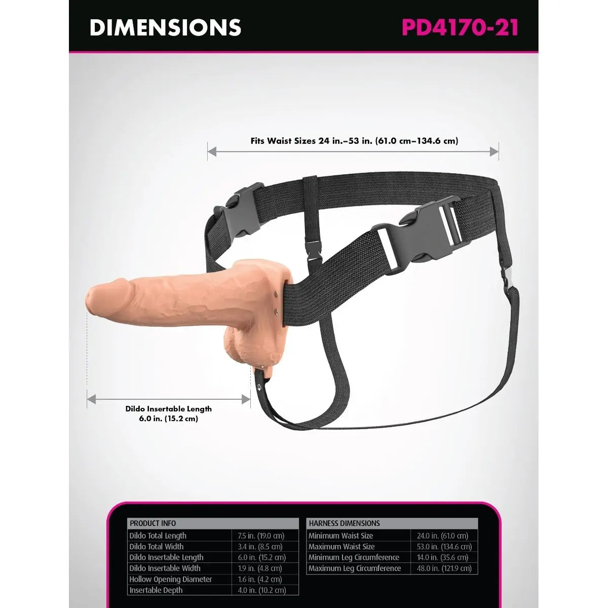 Measurement chart for a harness with dimensions and product details.
