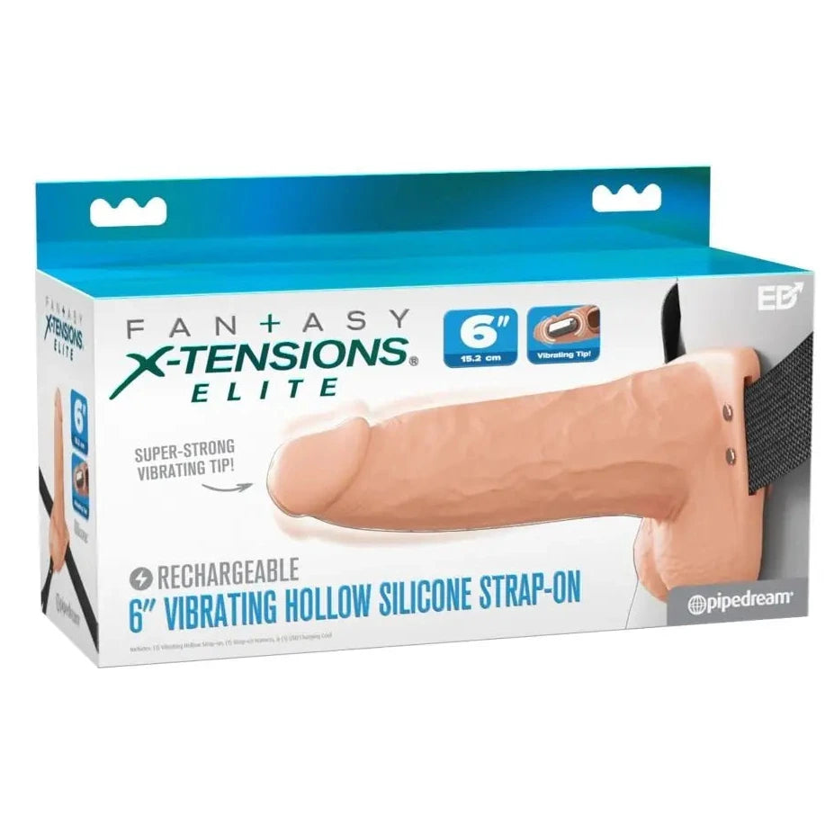 Box of Fantasy X-Tensions Elite rechargeable 6 inch vibrating hollow silicone strap-on on a white background