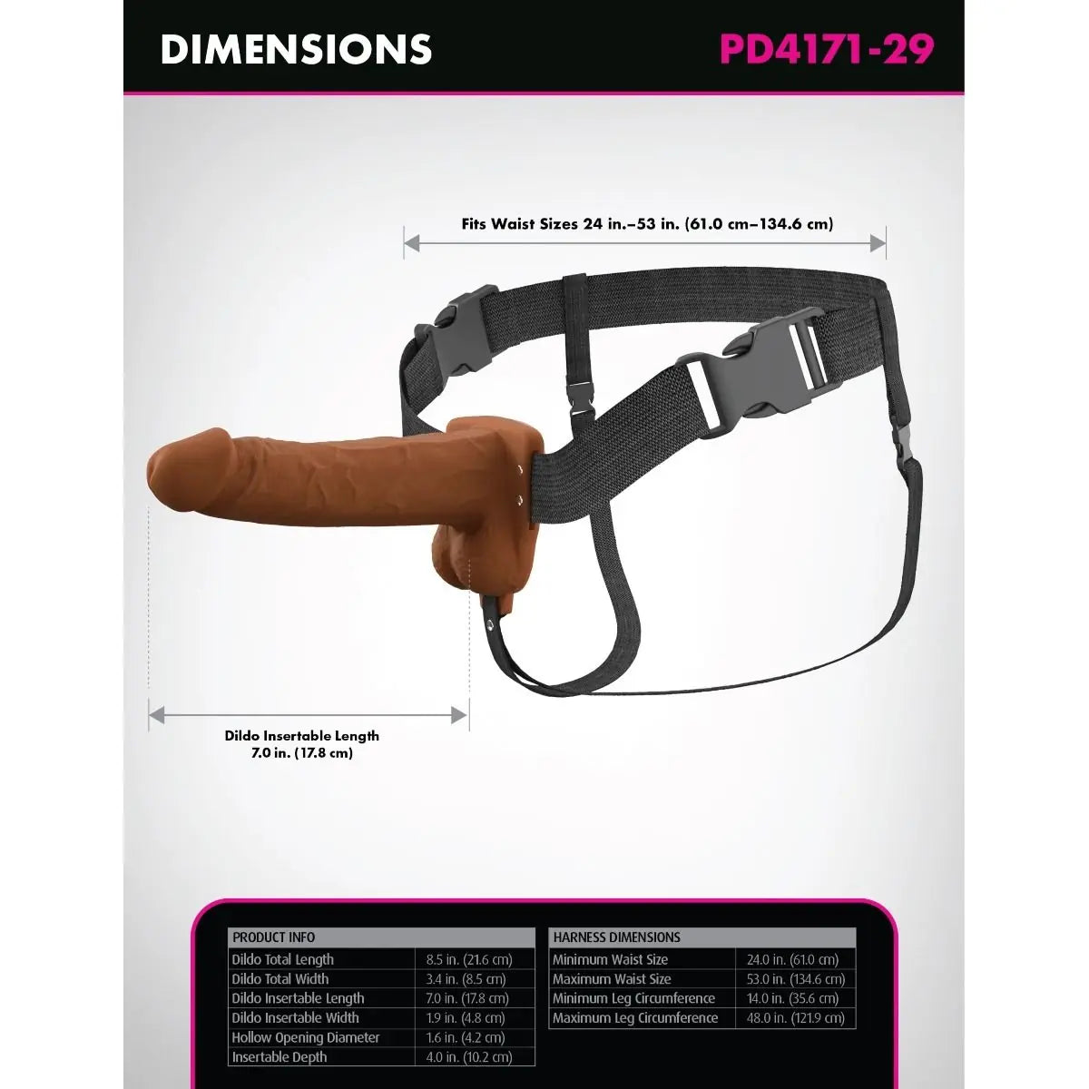 Product dimensions label for a harness with brown dildo and black strap on a white background.