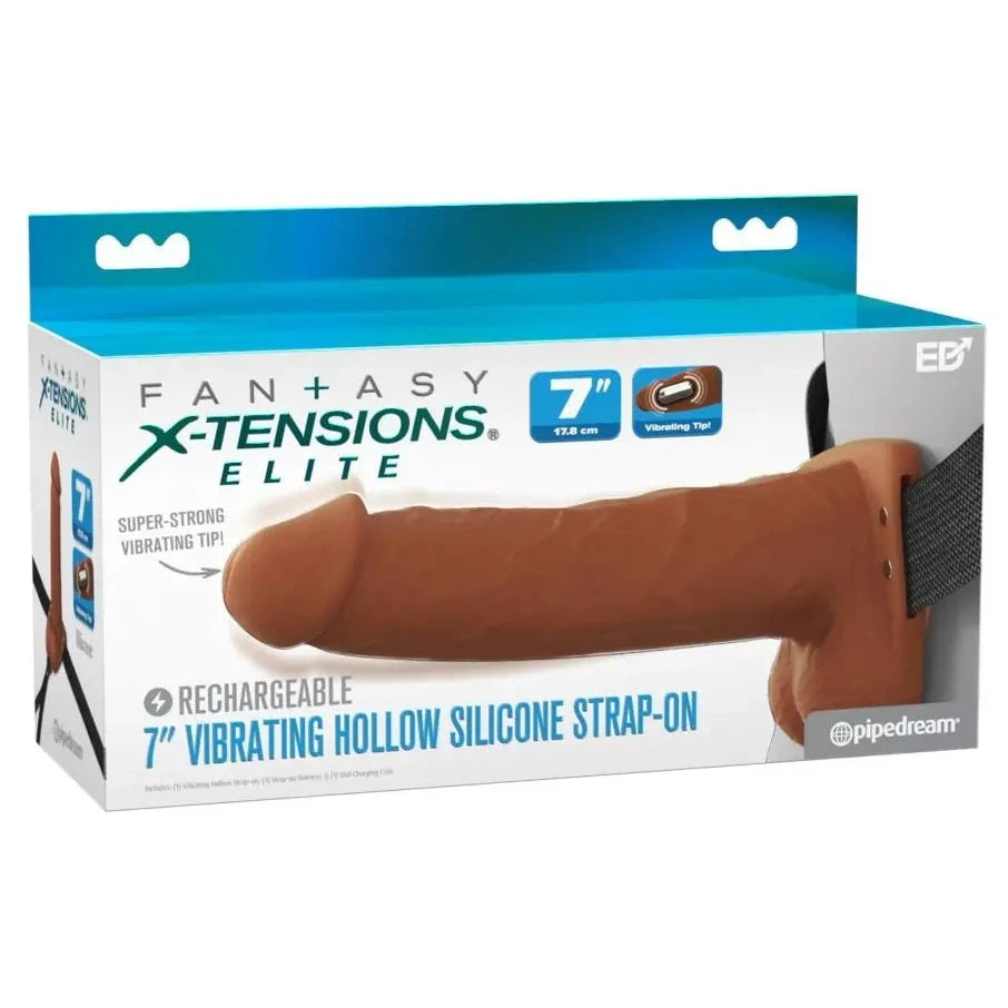 Fantasy X-Tensions Elite packaging with a 7-inch vibrating hollow silicone strap-on on a white background.