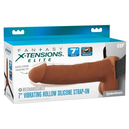 Fantasy X-Tensions Elite packaging with a 7-inch vibrating hollow silicone strap-on on a white background.
