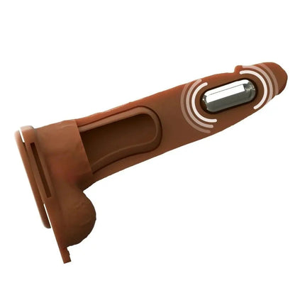 Pipedream Fantasy X-Tensions Elite Vibrating 7 Inch Dual Density Silicone Hollow Strap-On Dildo Brown on a white background