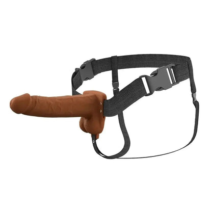 Pipedream Fantasy X-Tensions Elite Vibrating 7 Inch Dual Density Silicone Hollow Strap-On Dildo Brown on a white background
