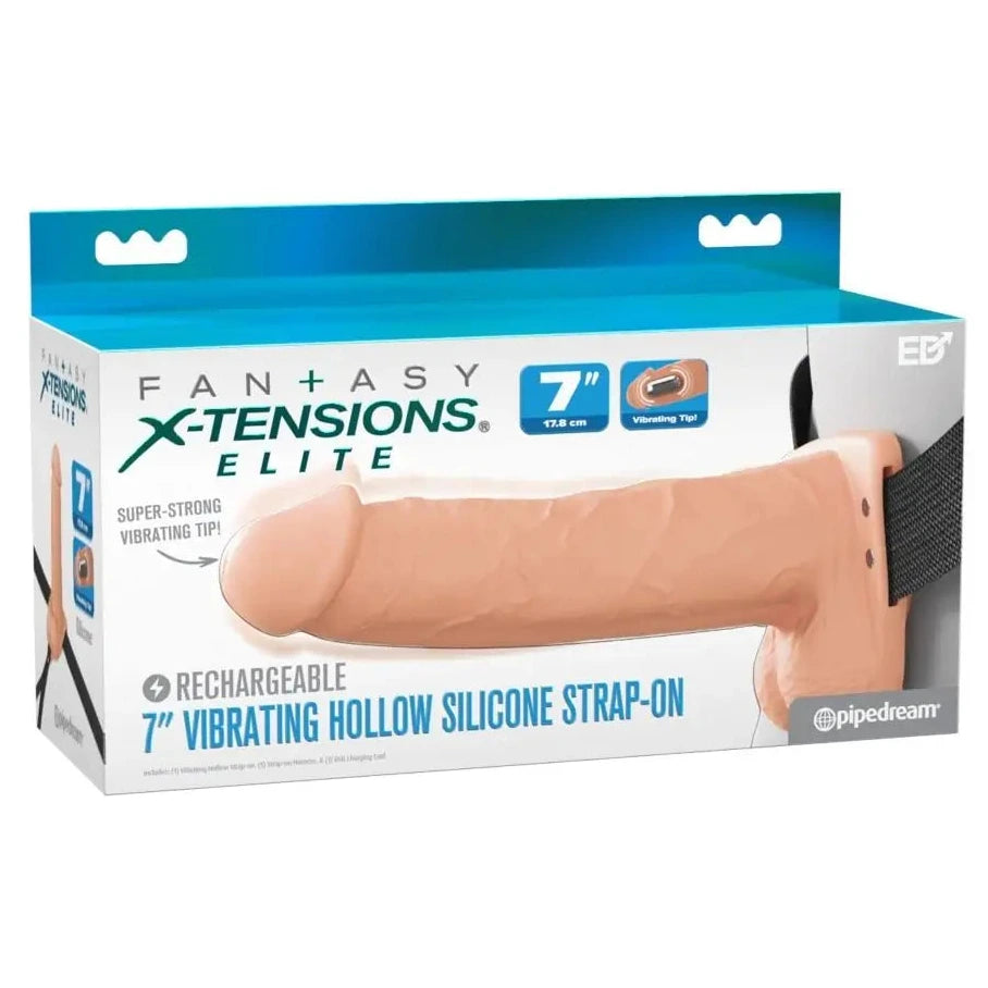 Pipedream Fantasy X-Tensions Elite Vibrating 7 Inch Dual Density Silicone Hollow Strap-On Dildo Light packaging on a white background