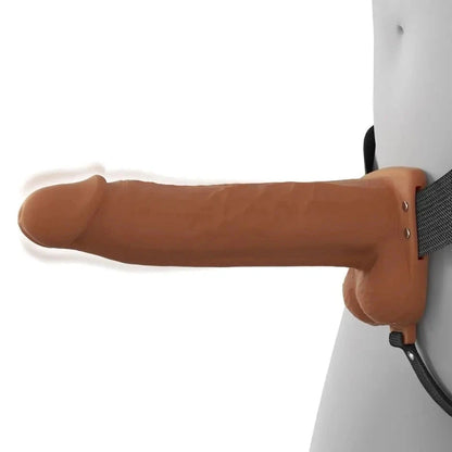 Pipedream Fantasy X-Tensions Elite Vibrating 8 Inch Dual Density Silicone Hollow Strap-On Dildo Brown on a white background