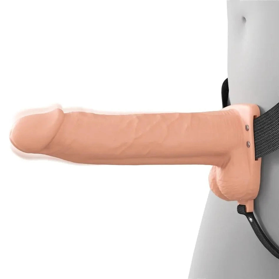 Pipedream Fantasy X-Tensions Elite Vibrating 8 Inch Dual Density Silicone Hollow Strap-On Dildo Light on a white background