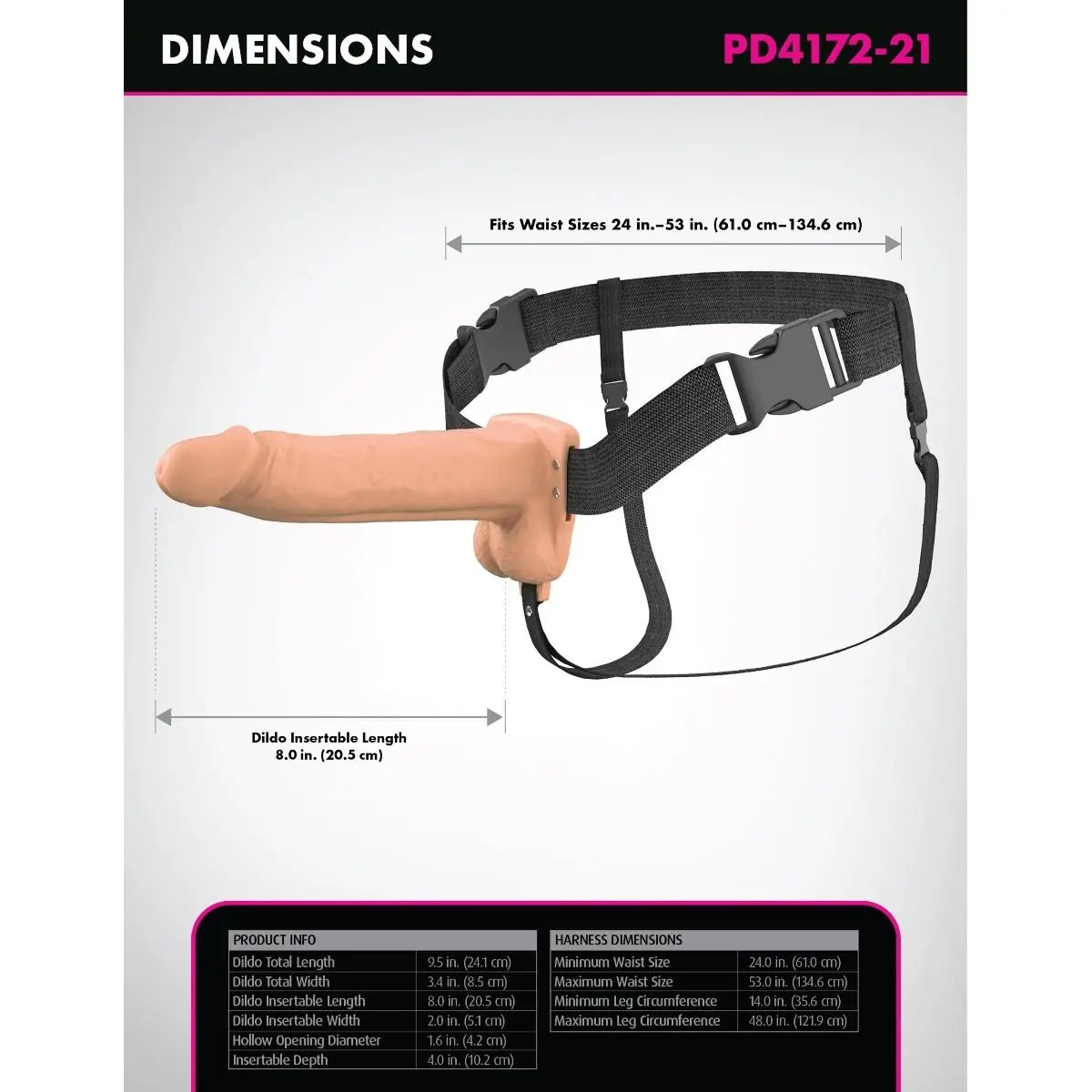 Product packaging with dimensions and features of a black harness and dildo.