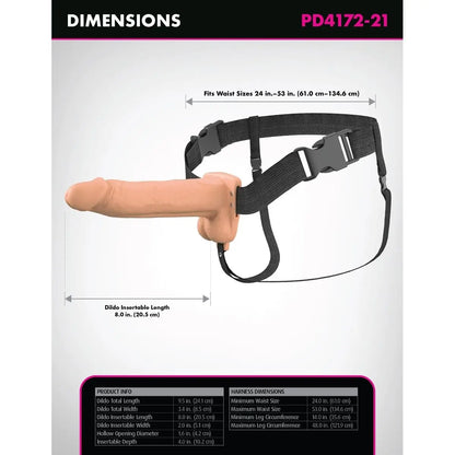 Product packaging with dimensions and features of a black harness and dildo.