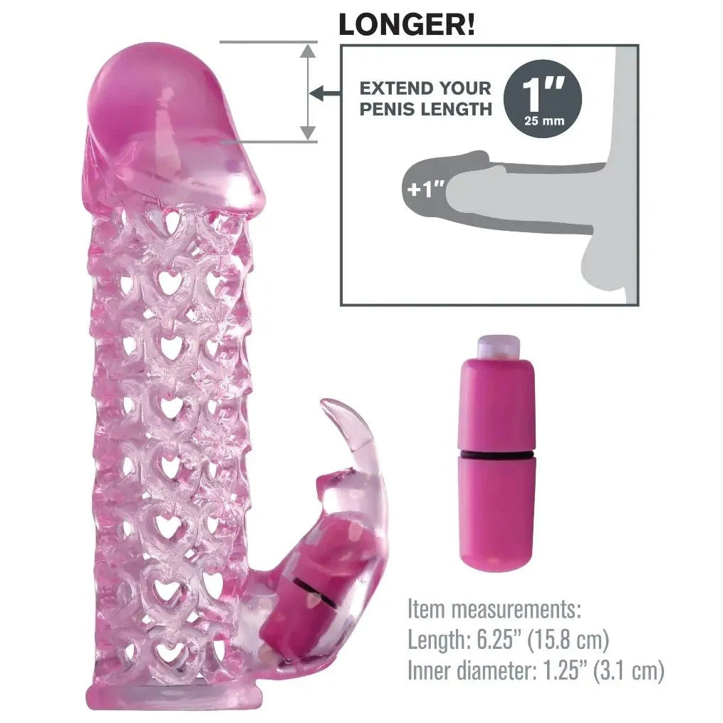 Pink male enhancement device with heart patterns and measurement details on a white background