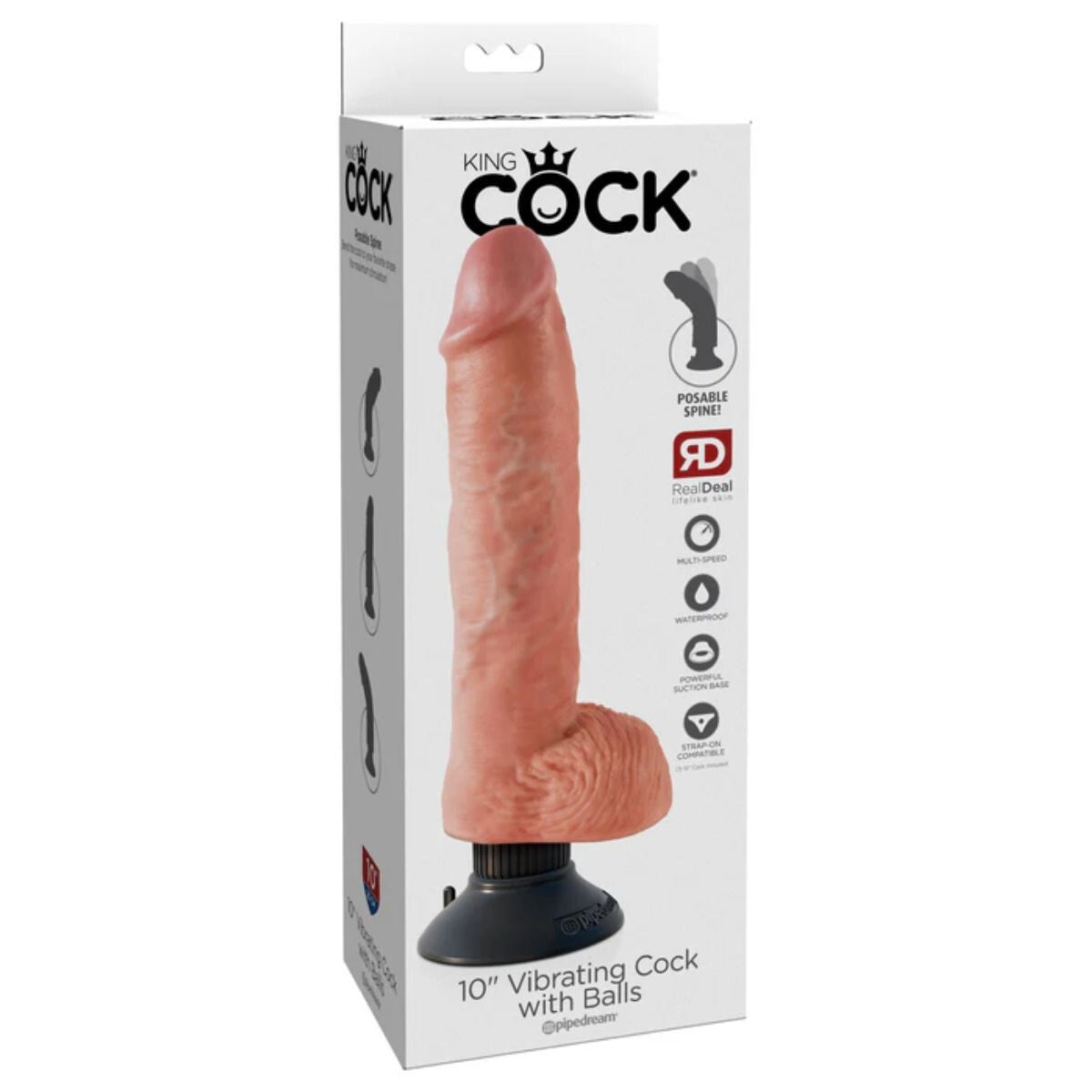 Package of a 10” Vibrating Cock with Balls by King Cock on a white background