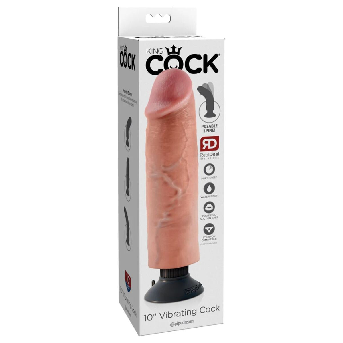 Boxed 10” Vibrating Cock with branding on a white background