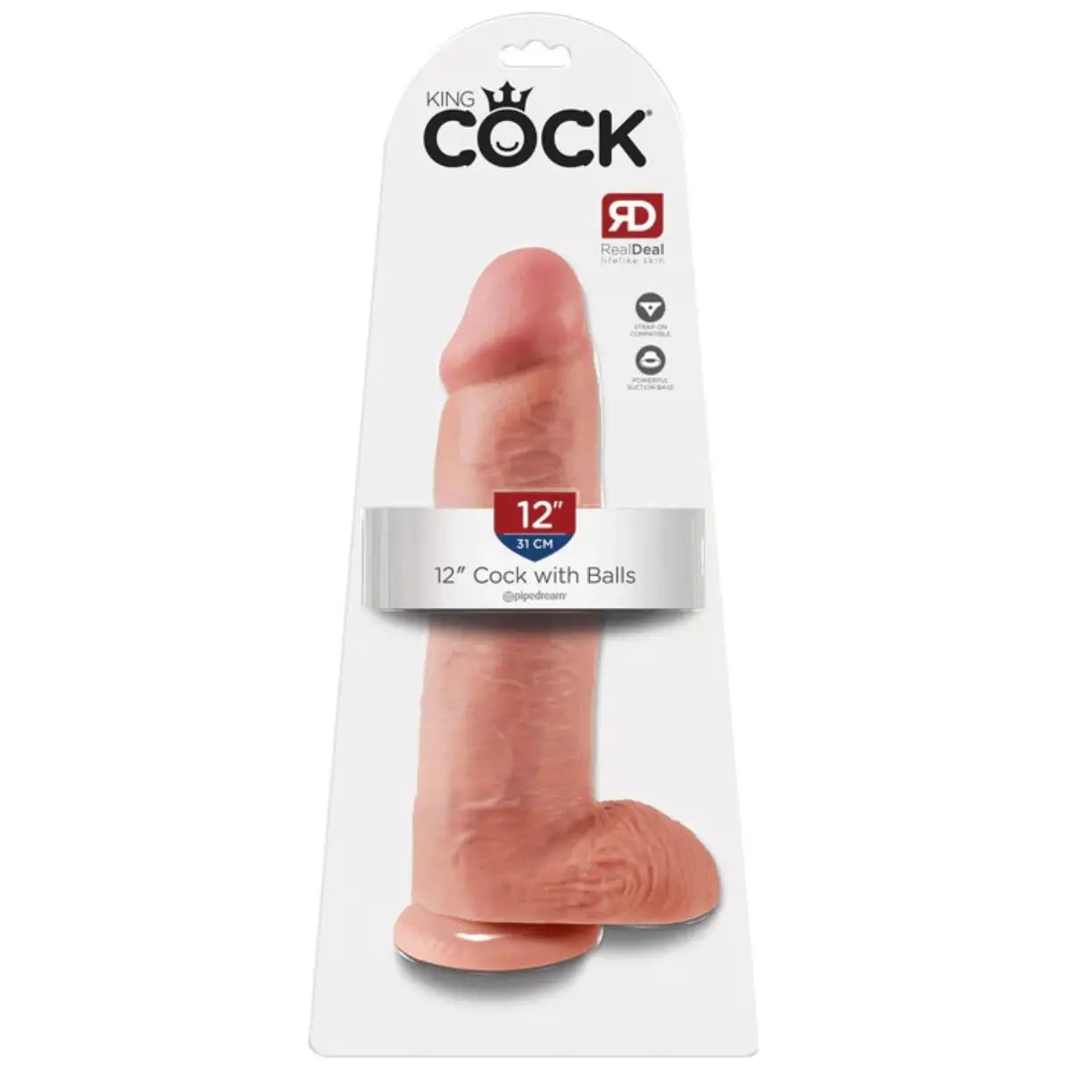 Pipedream King Cock 12 Inch Realistic Veiny Thick Suction Dildo with Balls Light packaging on a white background
