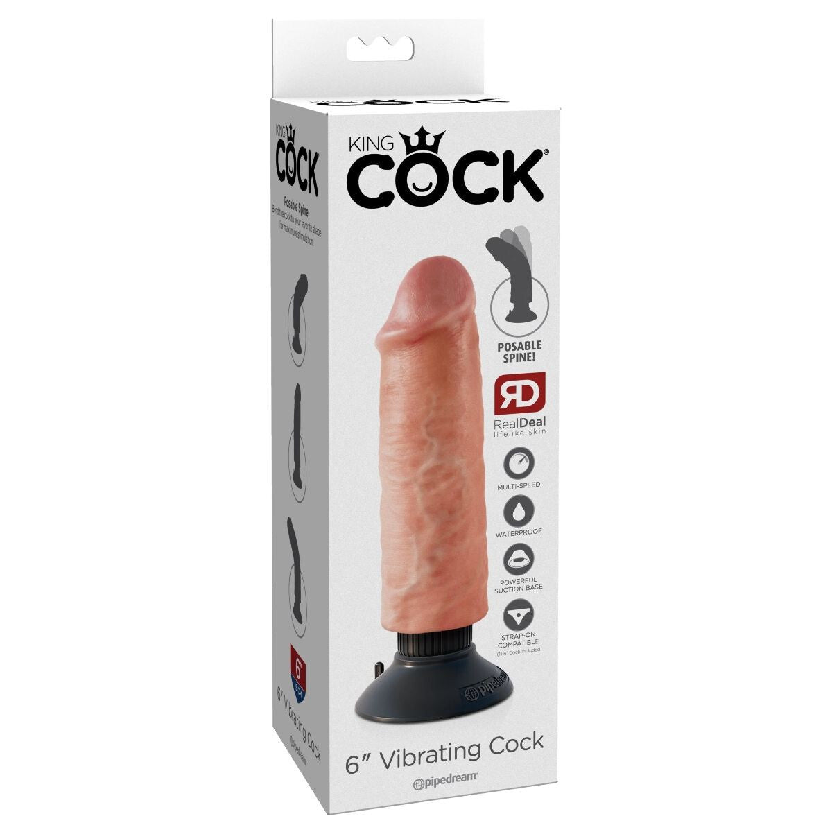 Box of a 6” Vibrating Cock with branding and product details on a white background