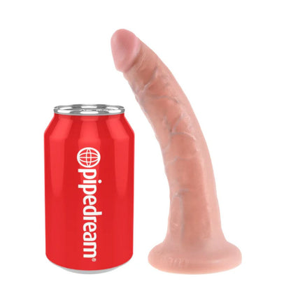 Red can-shaped object with 'pipedream' branding next to a realistic silicone dildo on a white background