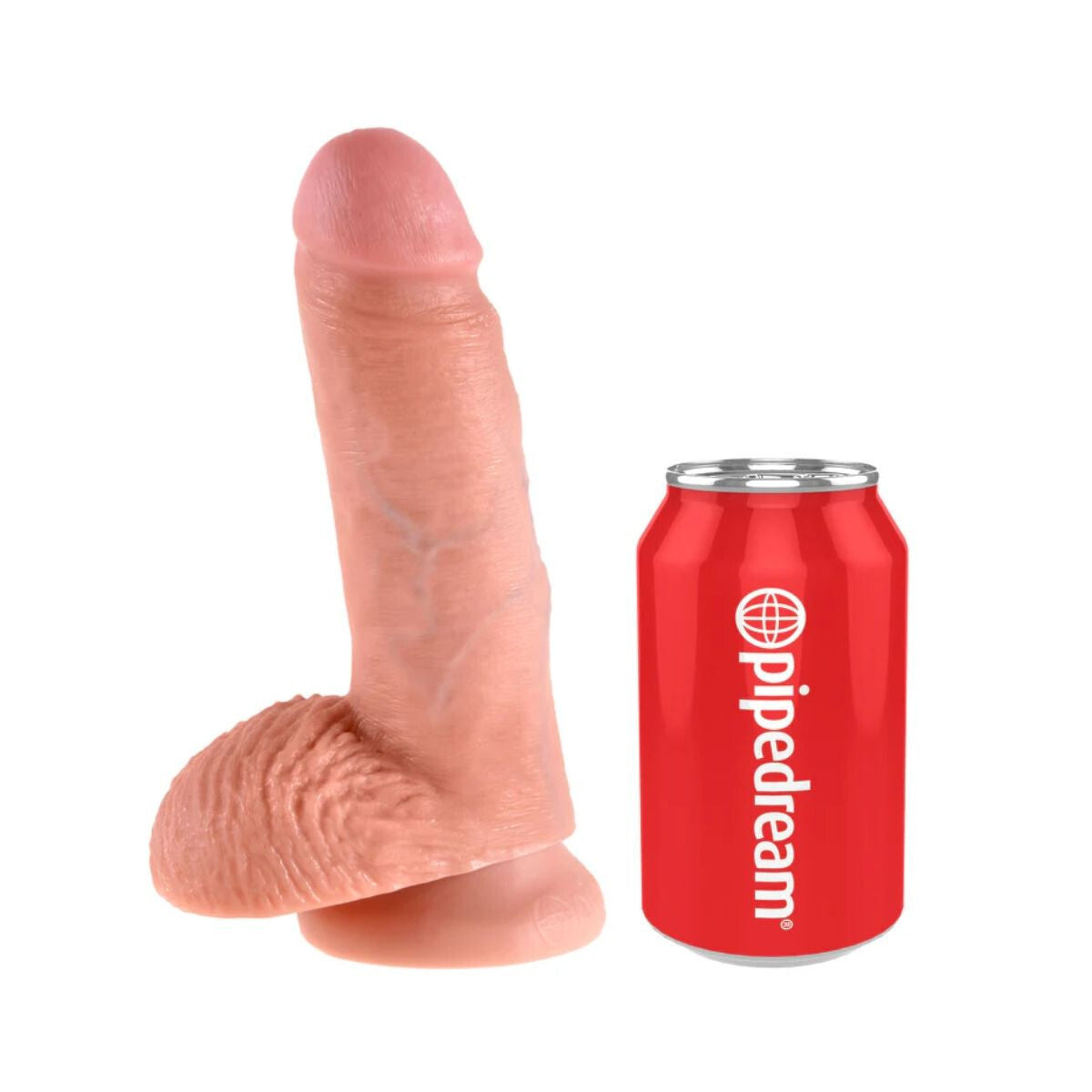Sexual product resembling a penis next to a red can with 'Pipedream' branding on a white background