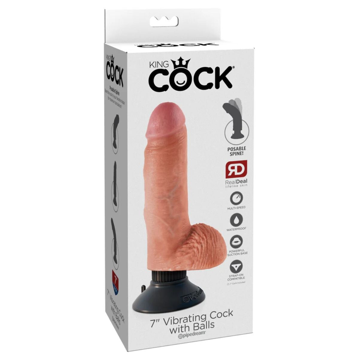 Package of a 7” Vibrating Cock with Balls by King Cock on a white background