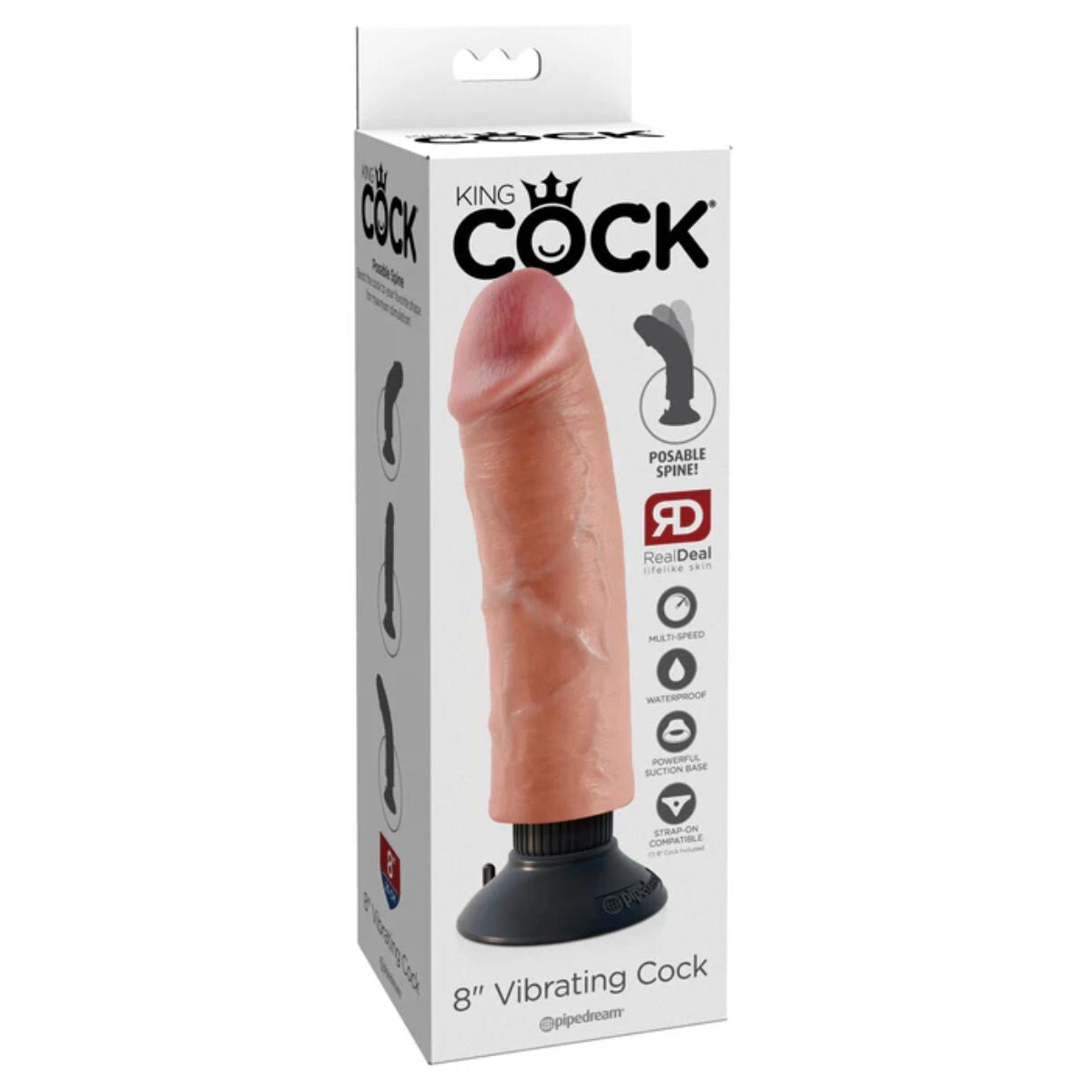 Box of a 8 Inch Vibrating Cock with 'King Cock' branding on a white background