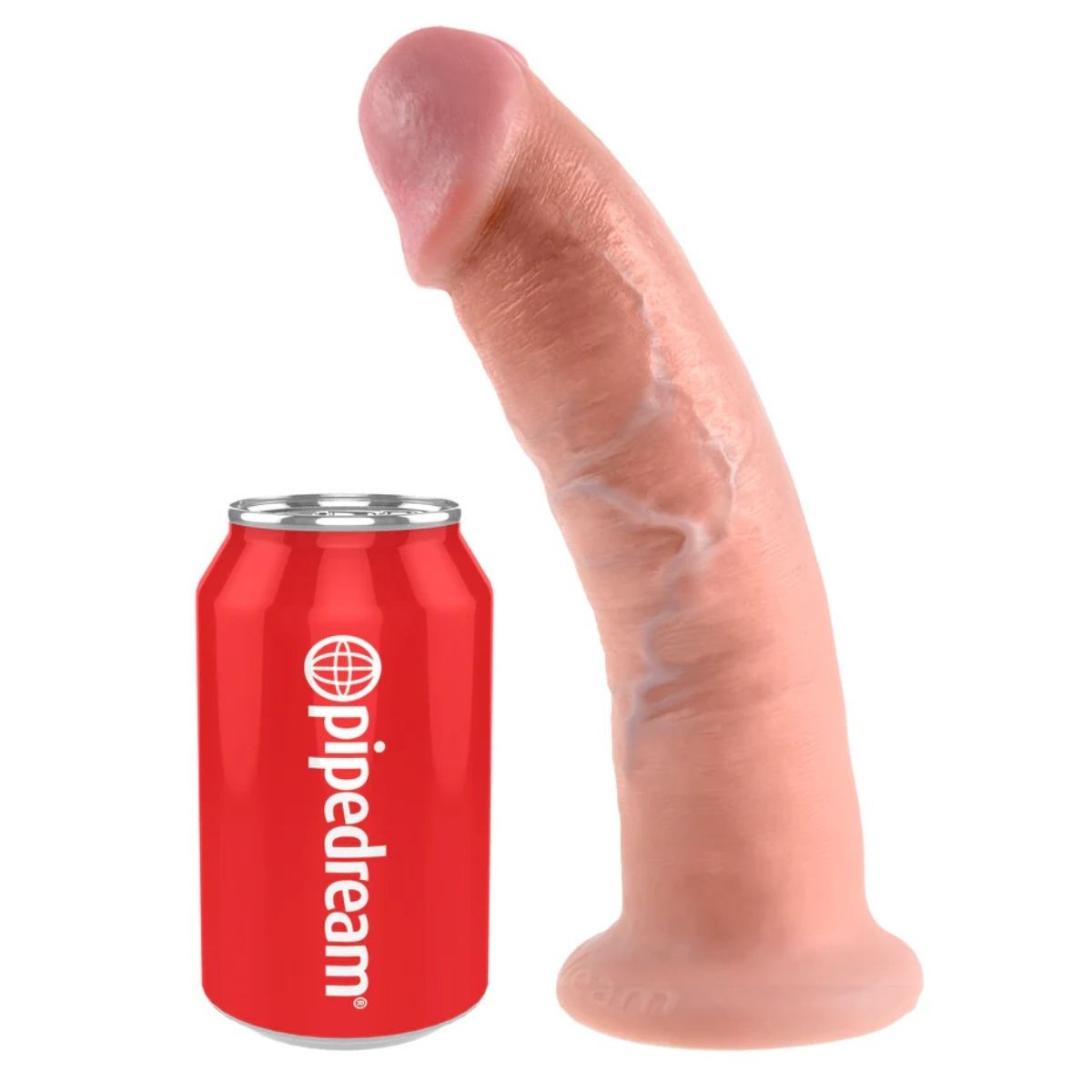 Red can with 'Pipedream' branding next to a realistic silicone product on a white background