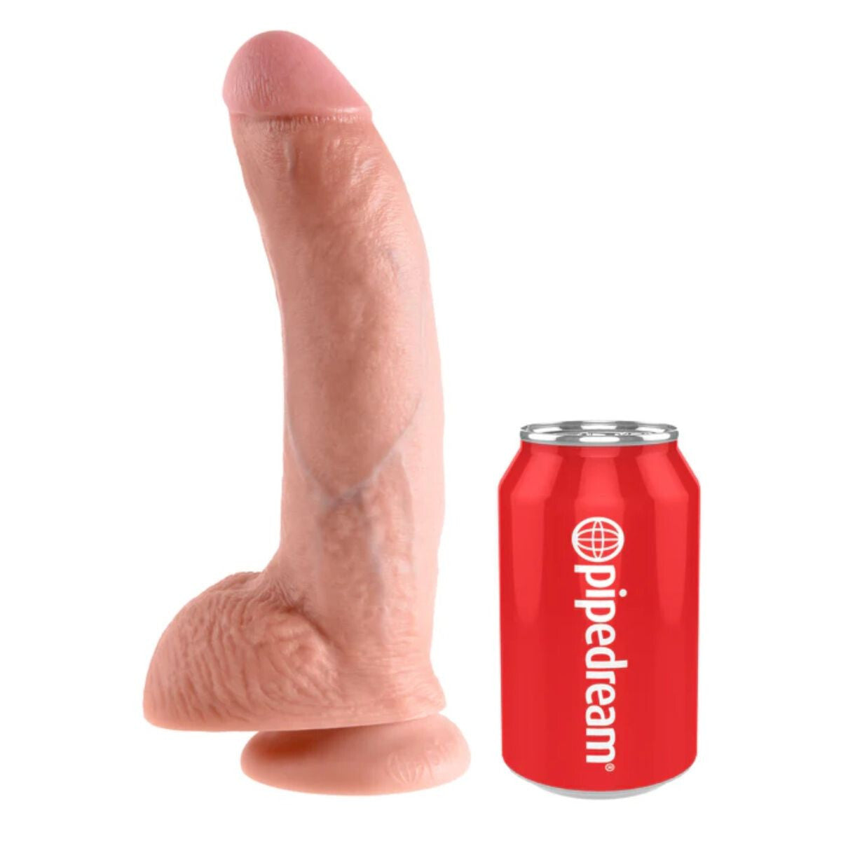 Realistic silicone penile product next to a red can labeled 'pipedream' on a white background