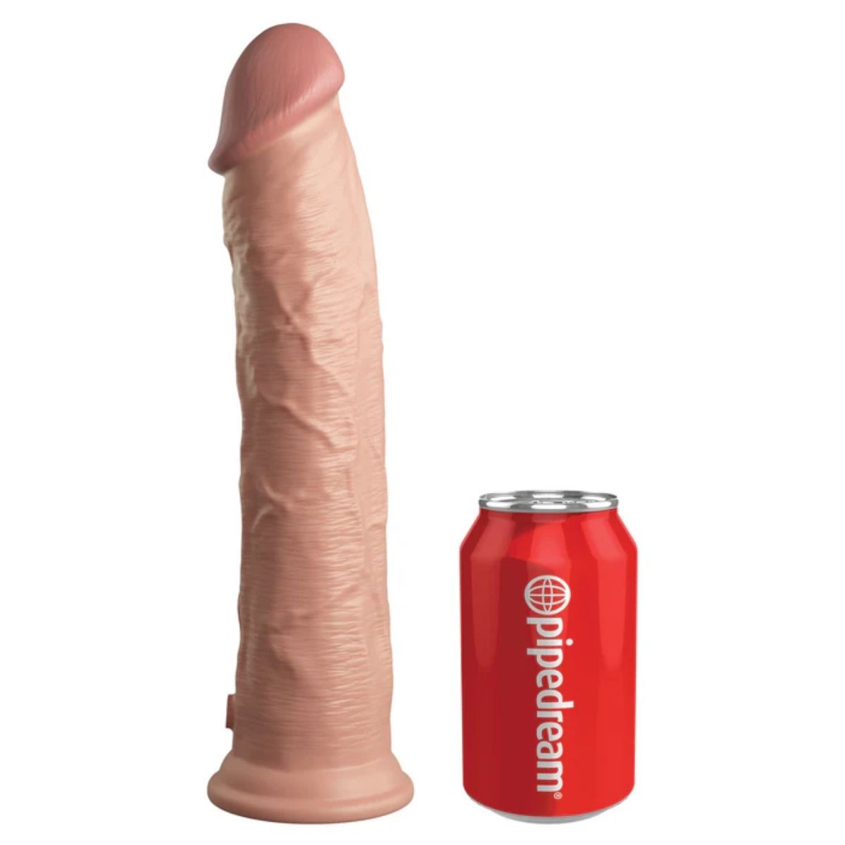 Realistic silicone model of a penis next to a red can with 'Pipedream' branding on a white background
