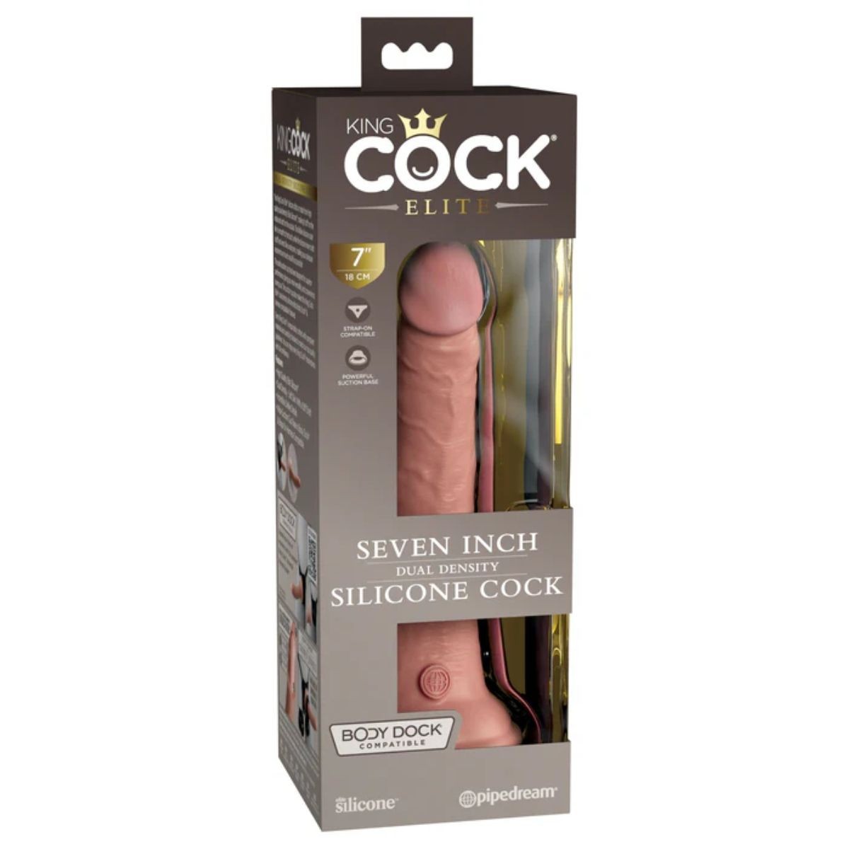 Boxed seven-inch silicone cock with 'King Cock Elite' branding on a white background