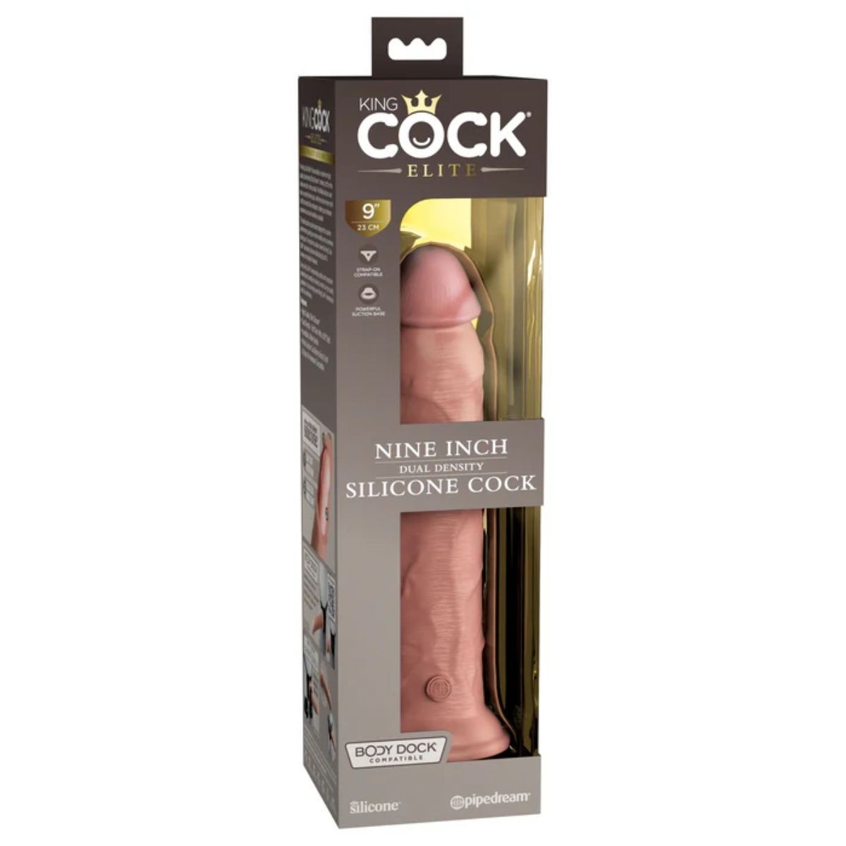 Silicone cock in packaging with 'King Cock Elite' branding on a white background