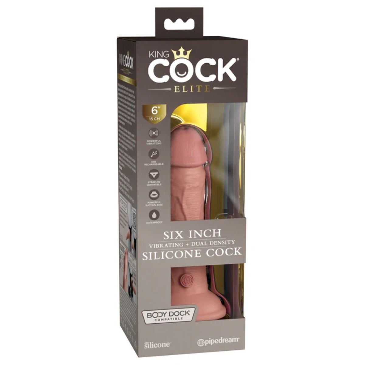 Silicone cock in packaging with 'King Cock Elite' branding on a white background