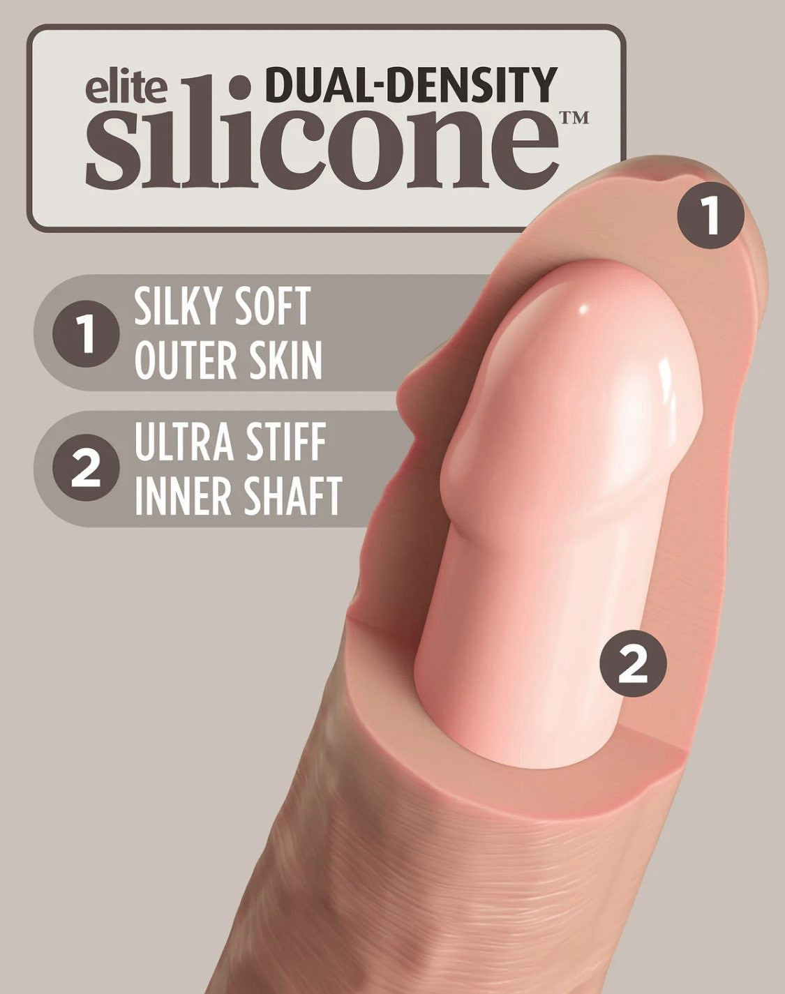 Silicone product with dual-density features labeled on a gray background